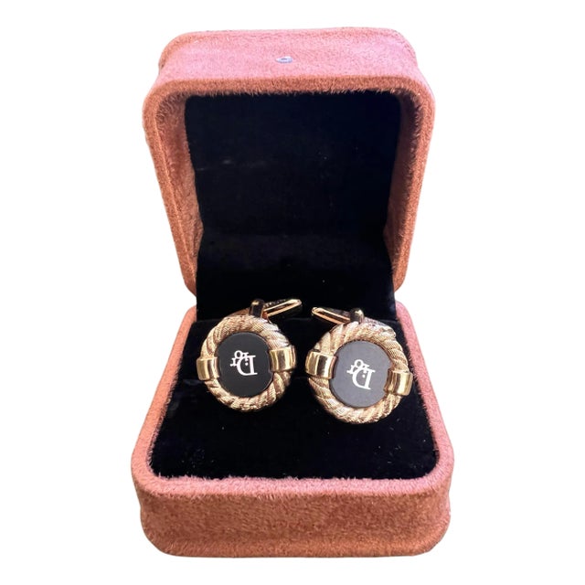 Rare Gold Plated & Onyx Vintage Art Deco Christian Dior Cufflinks In Lux Case For Sale