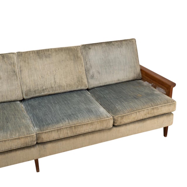 Wood 1960s Mid Century Modern Caned Walnut Velvet Long Sofa for Reupholstery 101" For Sale - Image 7 of 16