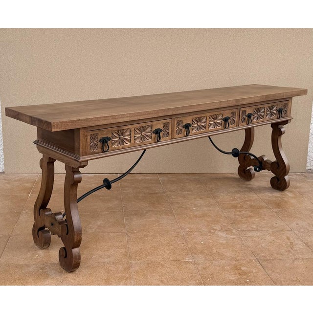 Rustic 20th Century Spanish Rustic Carved Wood Console Table , 1965 For Sale - Image 3 of 12