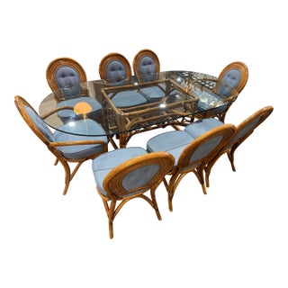 Pacific Rattan Glass Top Table With Eight Chairs For Sale