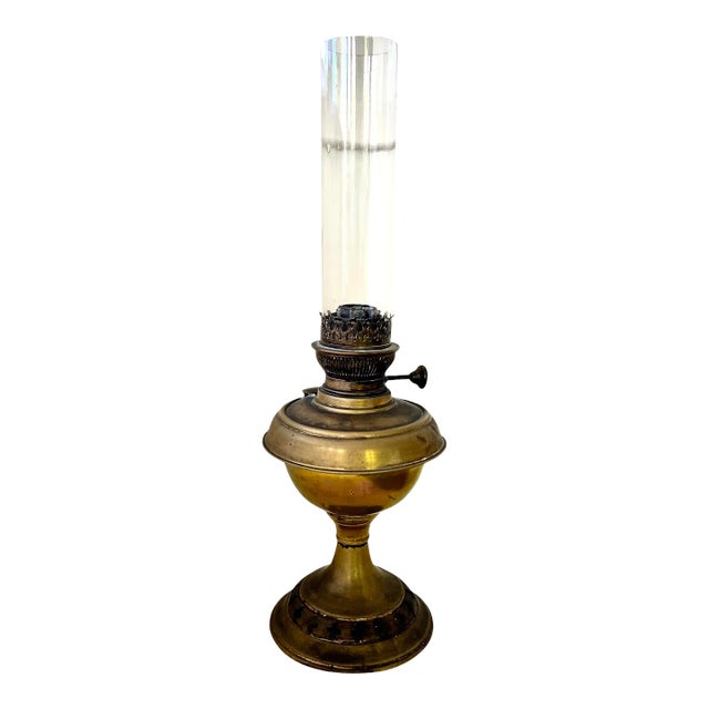 Early 20th Century Brass Metal Oil Lamp Glass Chimney Antique Wick For Sale