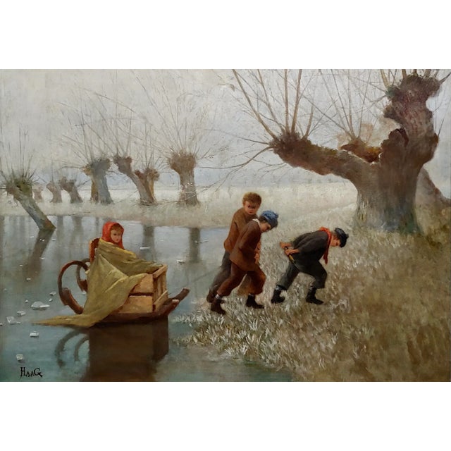 Mediterranean Jean Pierre Haag -Kids Playing W/ Sled on a Frozen Lake-19th Century Oil Painting For Sale - Image 3 of 10