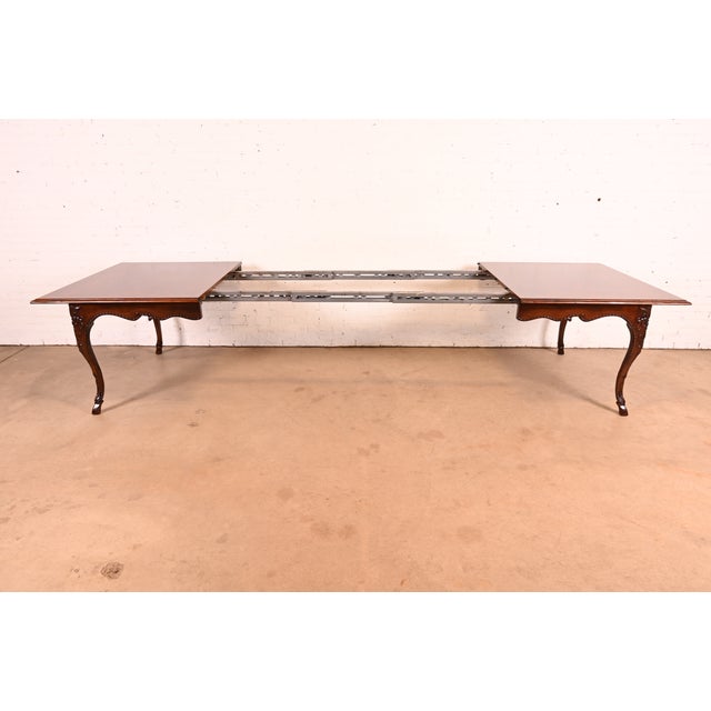 Brown Baker Furniture Italian Provincial Carved Cherry and Burl Wood Extension Dining Table, Newly Refinished For Sale - Image 8 of 18