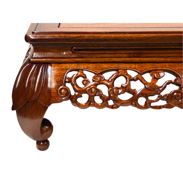 Oriental Brown Stain Flower Carving Rectangular Display Easel Stand For Sale - Image 9 of 12