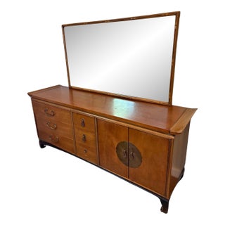 Kent-Coffey “Amerasia” Walnut Triple Dresser With Original Mirror, Mid-Century Modern For Sale