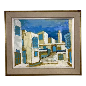 Mid Century Vintage Abstract Impressionist Cityscape Oil on Canvas Painting.