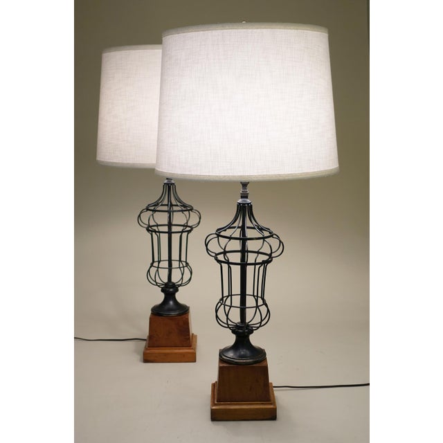 Wood 1930s French Empire Neoclassical Wire Urn Cage Brass Wood Table Lamps - a Pair For Sale - Image 7 of 11