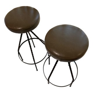Mid 20th Century Barstool Pair Reupholstered Gray Leather Cushion. Western Brutalist Style For Sale