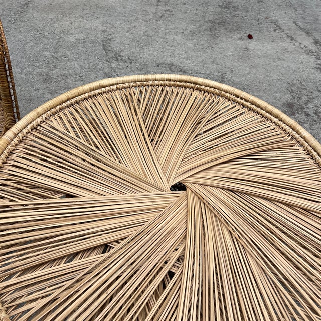 1970s Rattan Wicker Collection Pair of Chairs and Matching Table White Glove Trio For Sale - Image 4 of 9