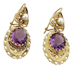 Amethyst Pearls 14k Yellow Gold Floral Drop Dangle Earrings