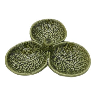1970s Olfaire Portugal Green Cabbage Leaf 3-Section Condiment Relish Dish — Portuguese Majolica For Sale