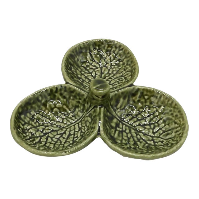 1970s Olfaire Portugal Green Cabbage Leaf 3-Section Condiment Relish Dish — Portuguese Majolica For Sale