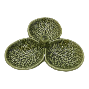 1970s Olfaire Portugal Green Cabbage Leaf 3-Section Condiment Relish Dish — Portuguese Majolica