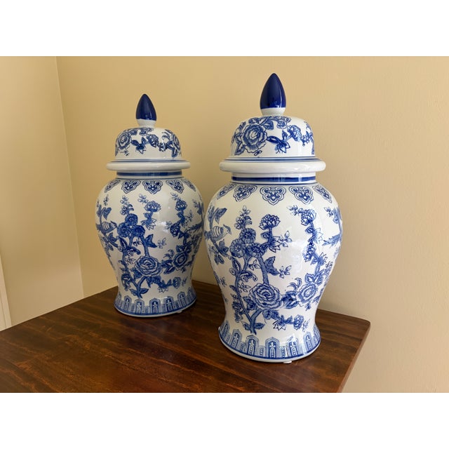 Chinoiserie Chinoiserie Large Blue and White Porcelain Ginger Jars, Pair For Sale - Image 3 of 10