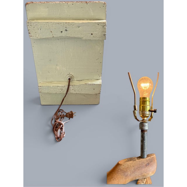 Wood Vintage Folk Art Shoe Last Lamp-Industrial-Rustic-Cobbler Wood-Primitive-Salvage For Sale - Image 7 of 12