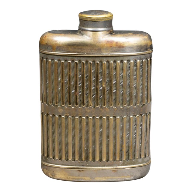 Art Deco Prohibition Era Brass Plated Chrome Caged Glass Flask c.1920 For Sale