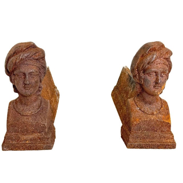 A lovely pair of antique andirons or firedogs, late 19th century. Beautiful figural motif of a woman with patina and...