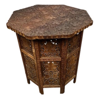 Vintage Anglo Indian Rare Pattern Heavily Carved Teak Octagonal Table For Sale