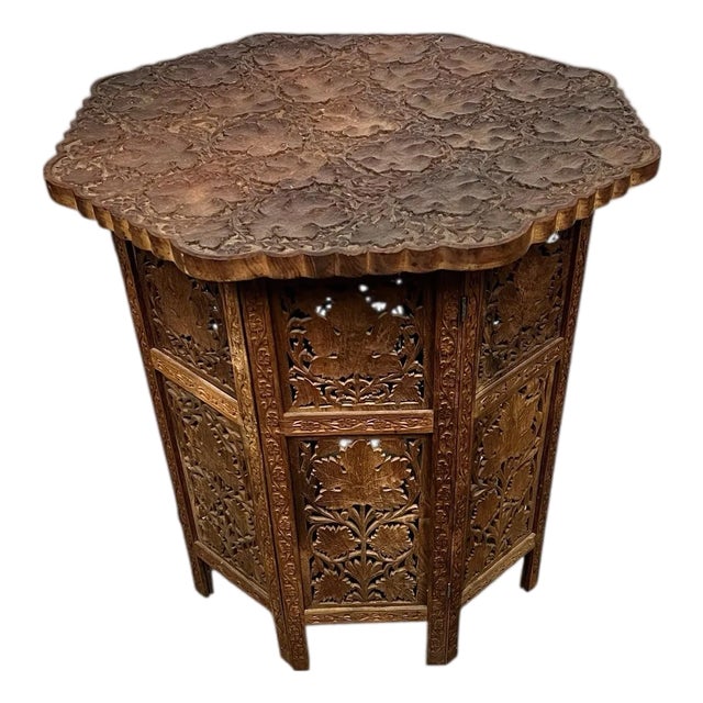 Vintage Anglo Indian Rare Pattern Heavily Carved Teak Octagonal Table For Sale