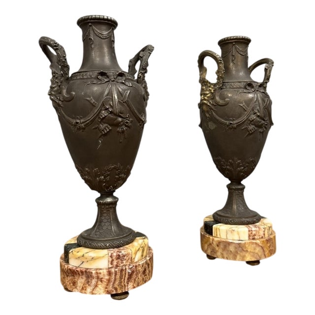 Napoleon III Vases or Cassolettes in Spelter and Siena Marble, Set of 2 For Sale