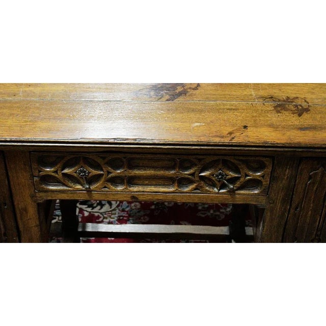 Wood Antique Carved Oak English Clerk's Desk Linen Fold Doors For Sale - Image 7 of 8