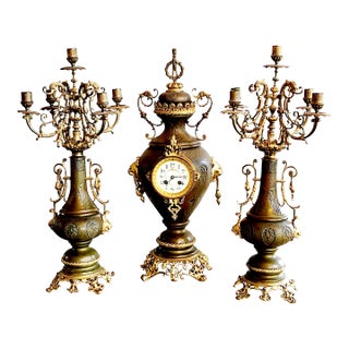 19th Century H Luppens & Cei Brussels Copper Brass Fireplace Mantel Clock Candelabra Triunity- 3 Pieces For Sale