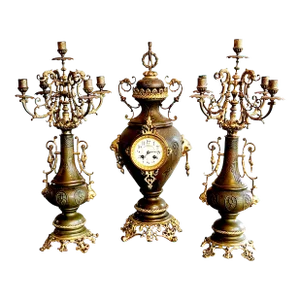 19th Century H Luppens & Cei Brussels Copper Brass Fireplace Mantel Clock Candelabra Triunity- 3 Pieces