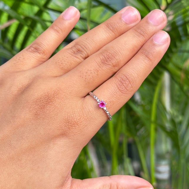Brilliant Round Cut Pink Sapphire & Diamond Stacking Ring Size 6 in 14k Yellow Gold For Sale - Image 11 of 16