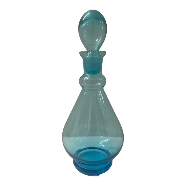 Vintage Mid Century Modern Vintage Small Blue Decanter Bottle With Stopper Hand Blown For Sale