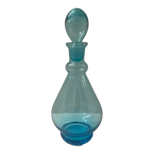 Vintage Mid Century Modern Vintage Small Blue Decanter Bottle With Stopper Hand Blown