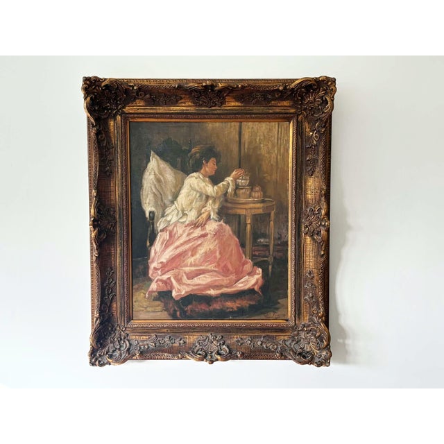 Pink Dress Lady, 1920s, Oil on Canvas & Linen For Sale - Image 4 of 13