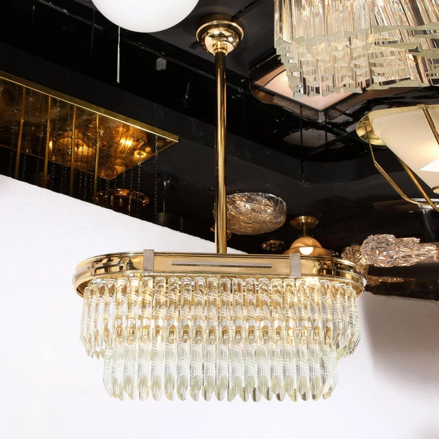 Mid-Century Modernist Oval Form Two-Tier Brass, Nickel & Cut Crystal Chandelier For Sale - Image 11 of 12