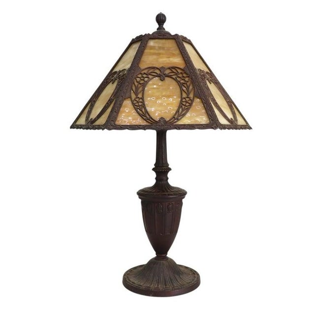 Glass Arts & Crafts Bradley & Hubbard Style 6-Panel Slag Glass Lamp Unsigned C1920 For Sale - Image 7 of 11