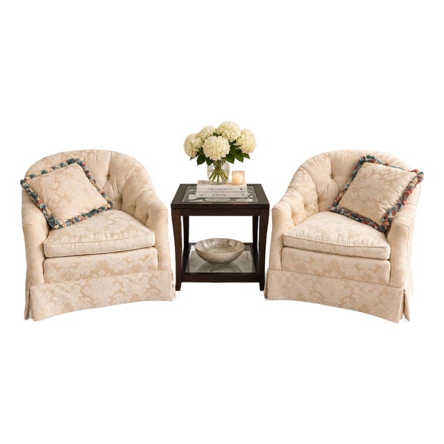 Title: Pair of Century Furniture Tufted Barrel Back Club Chairs in Ivory Floral Damask For Sale