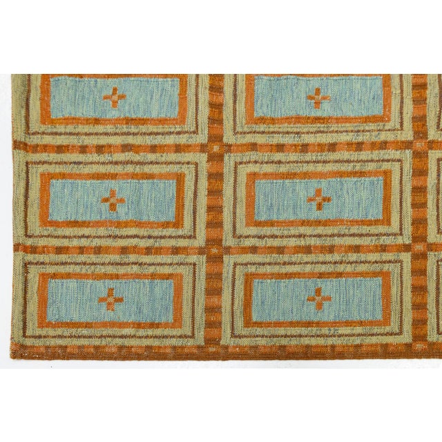 Sky Blue Swedish-Style Geometric Flatweave Wool Rug in Rust and Sky Blue For Sale - Image 8 of 10