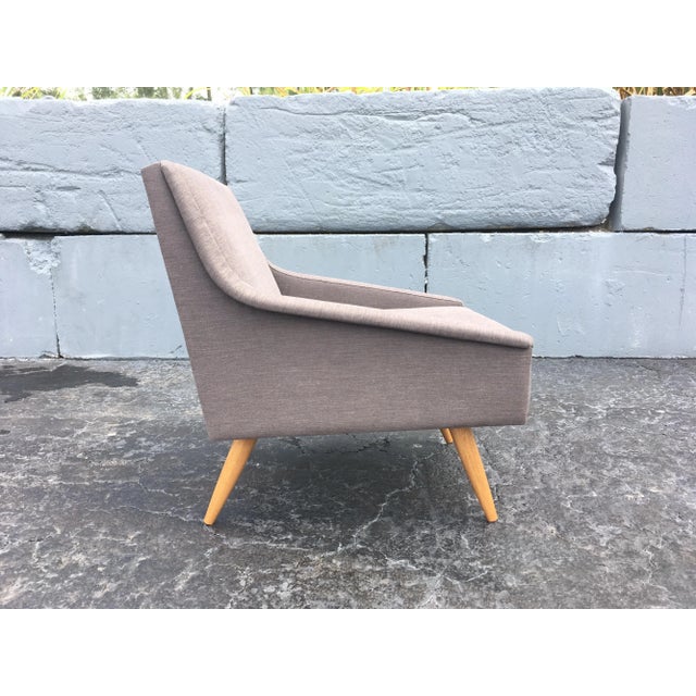 Early 21st Century Danish Modern Gray Fabric & Oak Leg Lounge Chairs - A Pair For Sale - Image 4 of 13