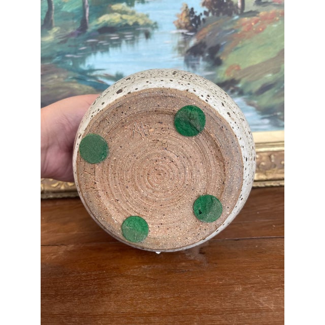 Ceramic Signed 1978 Studio Pottery Jar by Alice - Hand-Thrown Speckled Stoneware With Painted Lid and Cobalt Glazed Interior. For Sale - Image 7 of 10