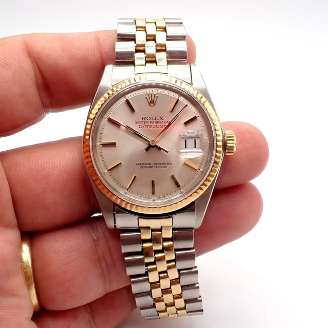Rolex 1970s Rolex Oyster Perpetual Watch Datejust 36mm Stainless 18k Gold Jubilee Band Mens For Sale - Image 4 of 11
