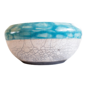 1980s Vintage California Studio Raku Pottery Bowl, With Turquoise & White Crackle Glaze