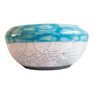 80s Vintage California Studio Raku Pottery Bowl, With Turquoise & White Crackle Glaze For Sale