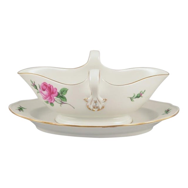 Sauce Boat on Stand with Motif of Pink Rose, Meissen, Germany, 1920s For Sale