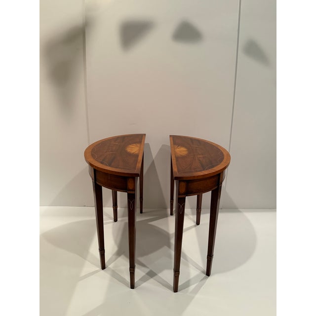 Mahogany & Satinwood Inlaid Demilune Console Tables -a Pair For Sale In Philadelphia - Image 6 of 12