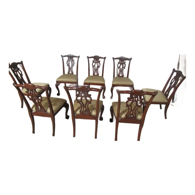 1980s Ethan Allen Set Dining Room Chippendale Chairs Eight Mahogany For Sale