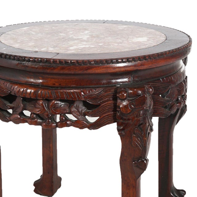 Early 20th Century Early 20th Century Chinese Carved Hardwood & Inset Marble Round Plant Stand For Sale - Image 5 of 8