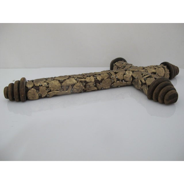 Wood Mexican Folk Art Milagros Turned Wood Cross Nailed Brass Charms Wall Hanging For Sale - Image 7 of 11