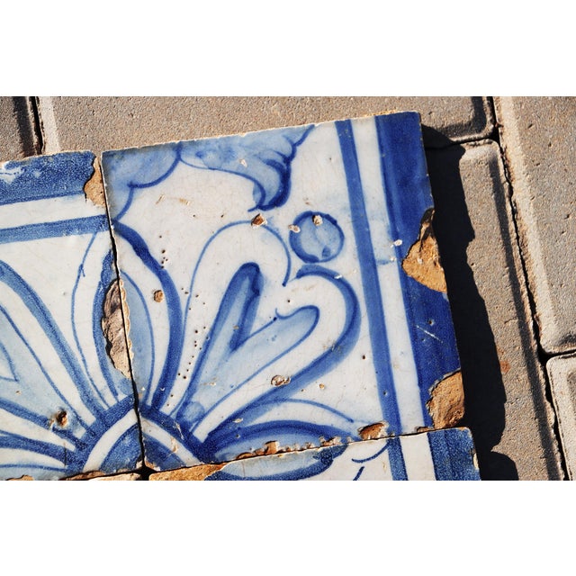 Ceramic 18th Century Portuguese Set of Four Tiles Blue & White Floral Geometric Panel Antique Hand Painted For Sale - Image 7 of 10
