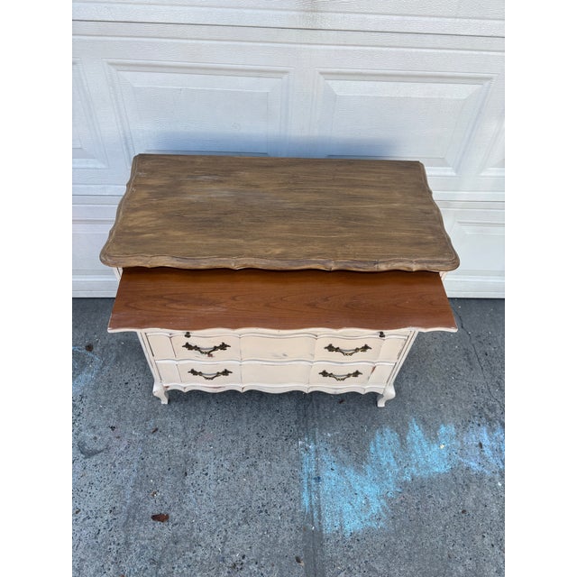 White Distressed Farmhouse Dresser | French Provincial Chest | Painted Cottage Dresser |Rustic White Wood Dresser | Vintage Bedroom Furniture For Sale - Image 8 of 12