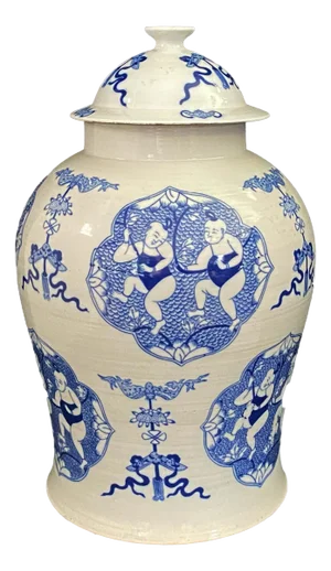 Chinoiserie Blue and White Porcelain Hundred Kids Motif Ginger Jar