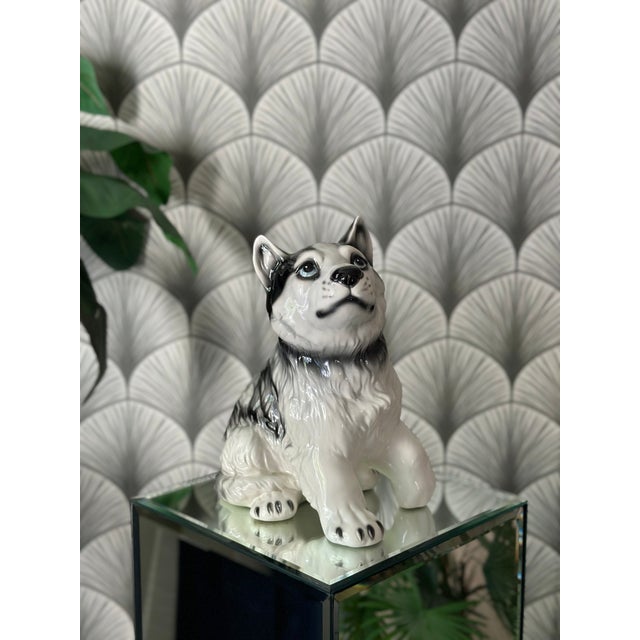 Late 20th Century Vintage Italian Husky Puppy Dog Ceramic Figure Statue Sculpture Dimensions: 12" TALL 10" WIDE 6 3/4"...