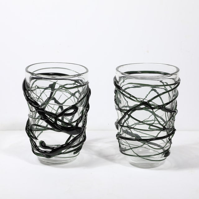 Hand-Blown Murano Glass Vases With Organic Viridian Green Sculptural Striations For Sale - Image 4 of 12